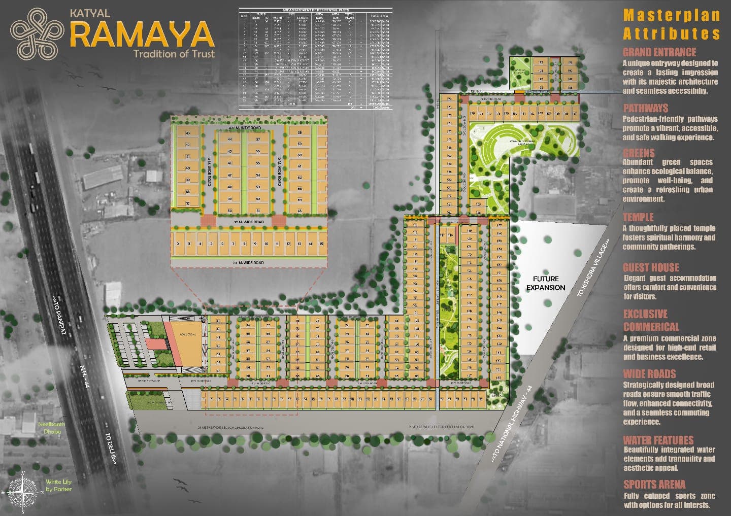 Ramaya site masterplan — 195 residential plots with wide roads, pathways, greens, temple, guest house and commercial zone